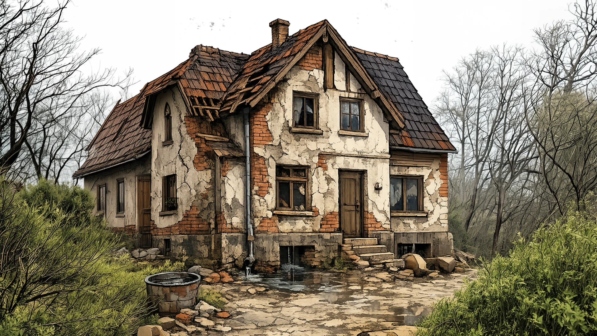 Sanierungsbedürftiges älteres Haus als Spielszene